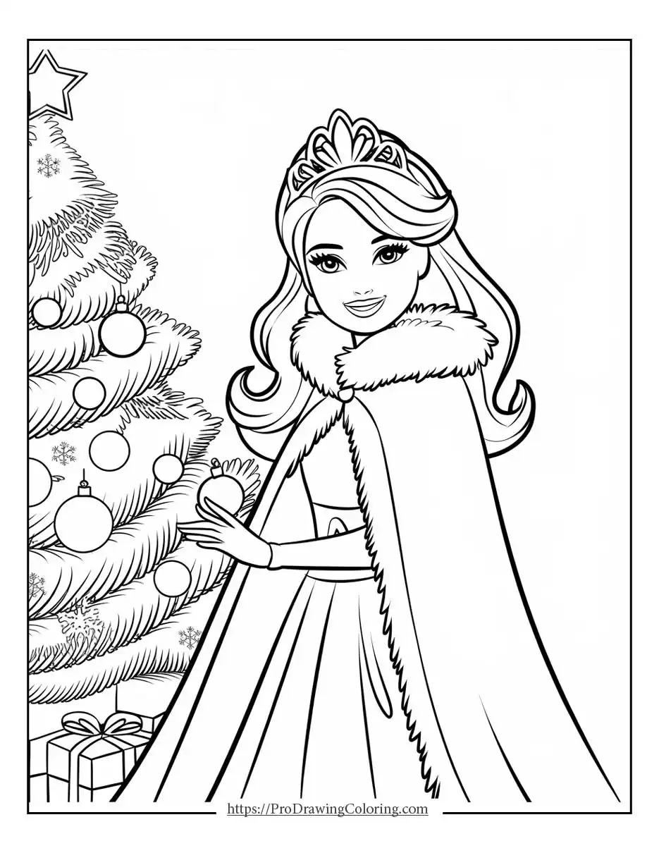 Barbie Christmas coloring pages featuring Barbie dressed as a princess beside a decorated Christmas tree and gifts