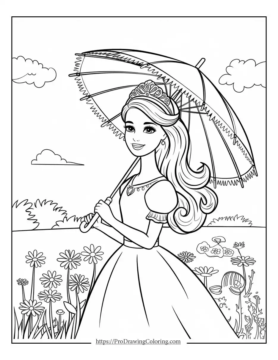 Barbie coloring pages print featuring a princess Barbie holding an umbrella while standing in a flower field