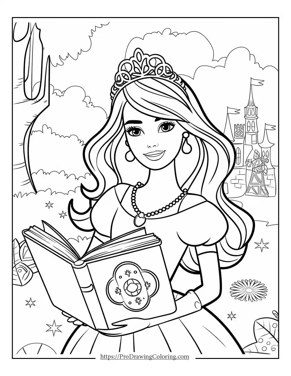 Barbie coloring pages printable featuring a princess Barbie holding an open book in a fairytale castle setting