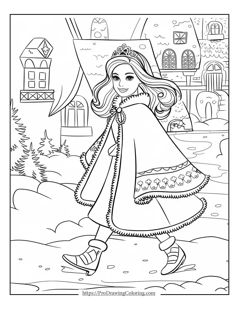 Barbie doll coloring pages showing Barbie wearing a crown and cape while walking through a charming village scene