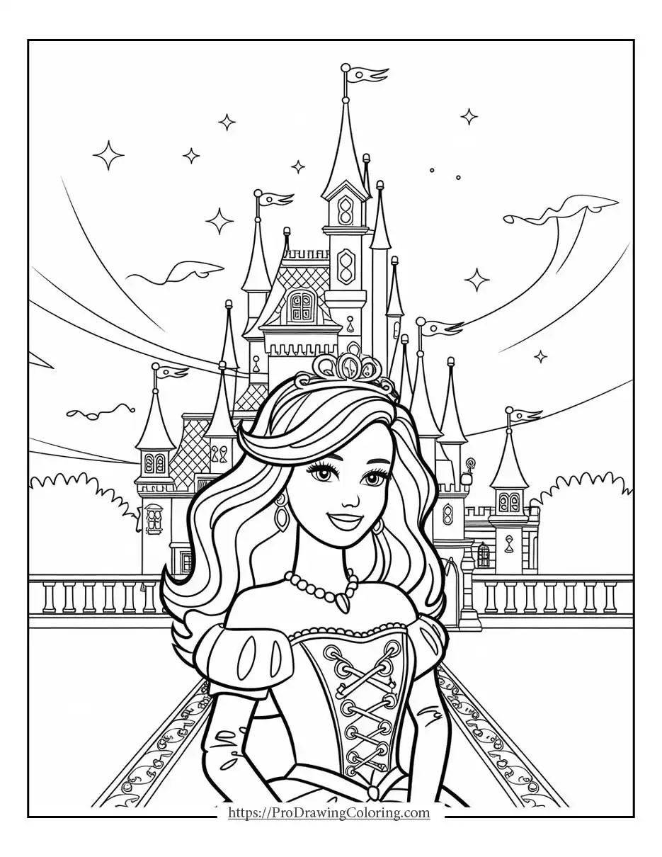 Barbie dream house coloring pages illustrating a princess standing in front of a fantasy castle