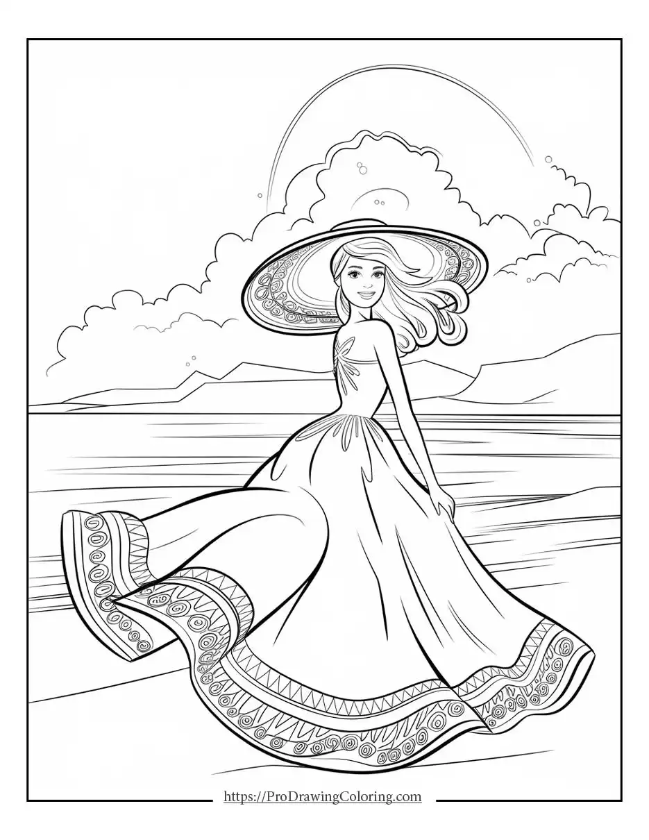Barbie enjoying a peaceful lakeside moment in a flowing elegant dress