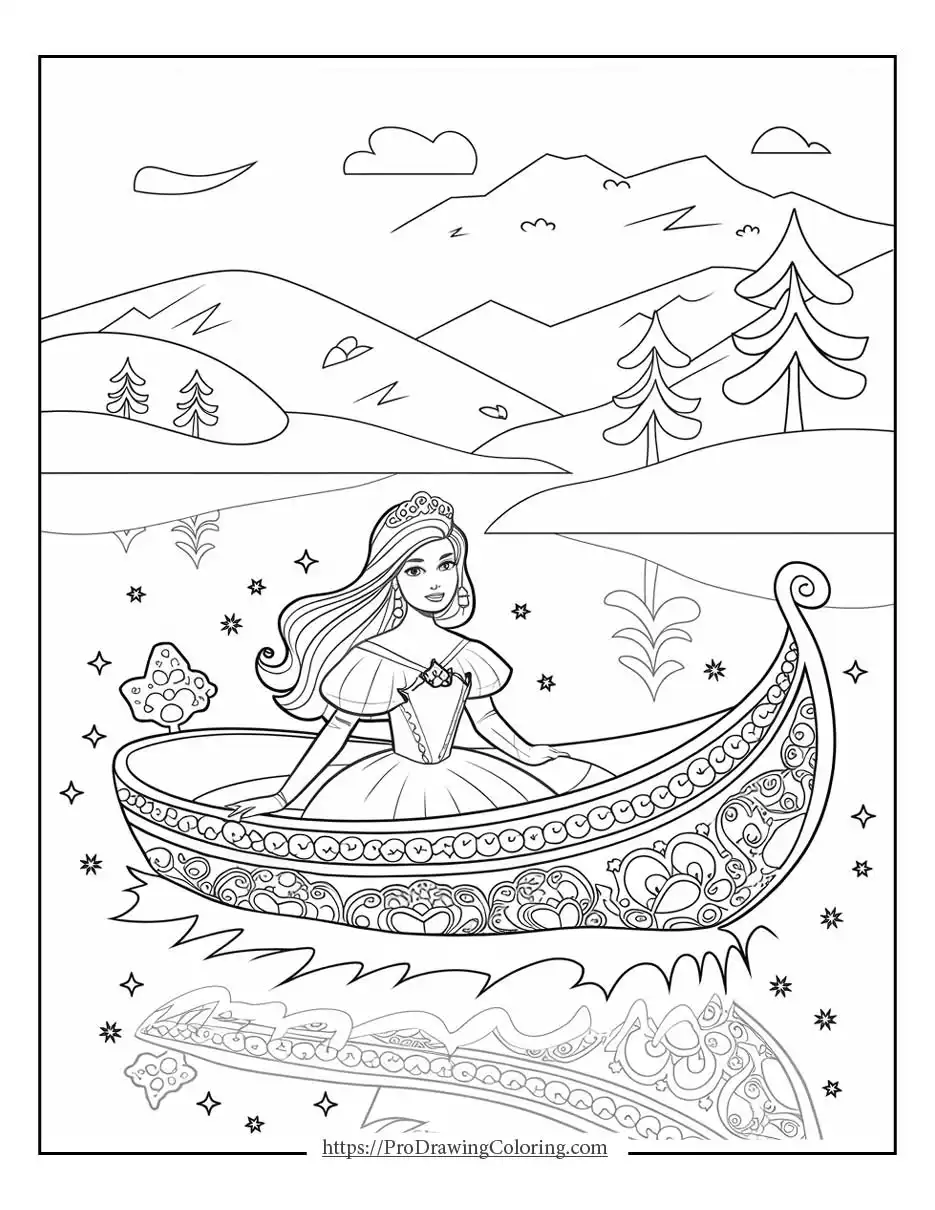 Barbie sitting in an ornate boat floating gently on a calm lake with stars