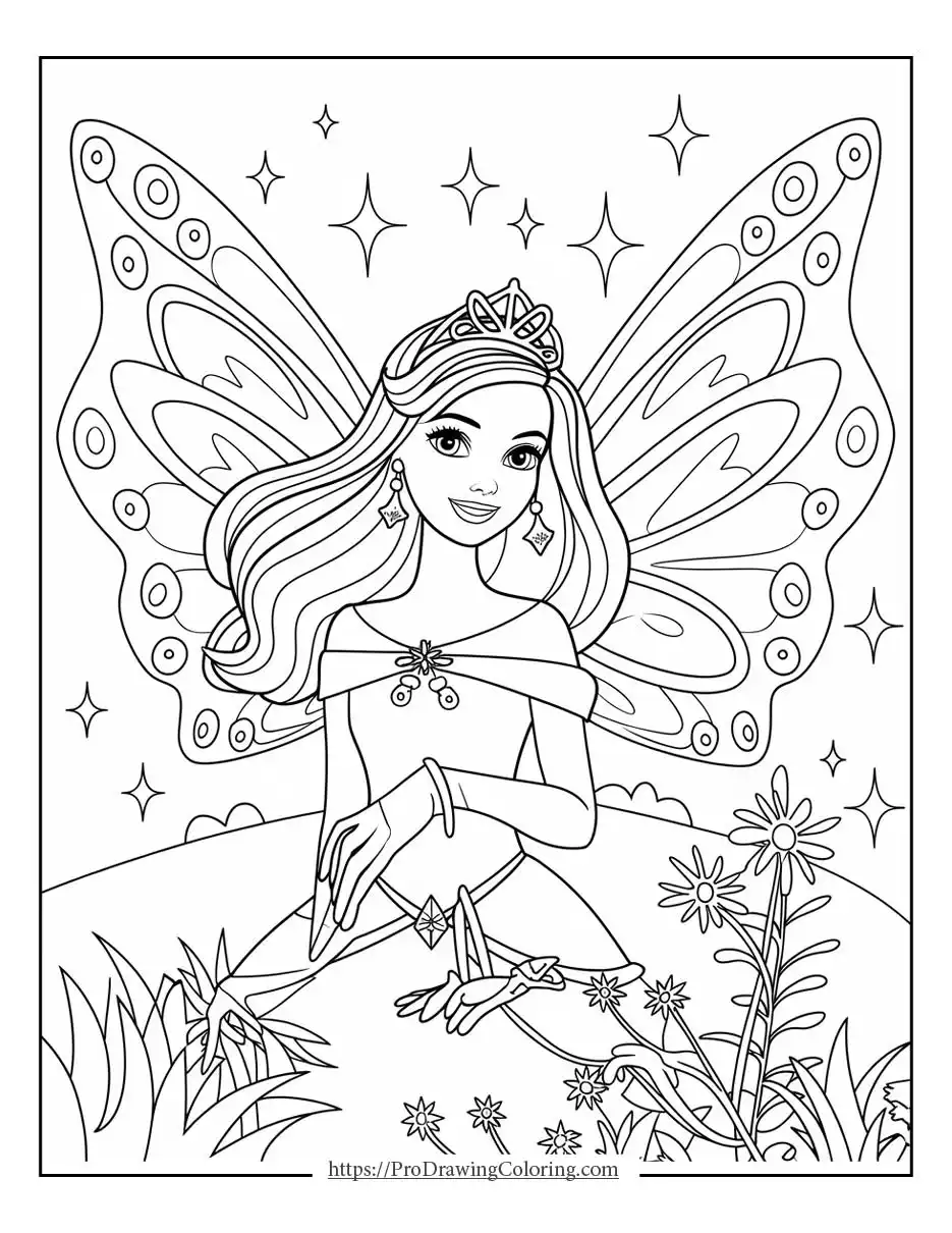 Barbie fairy coloring pages showing a fairy Barbie with butterfly wings, a crown, and a magical garden background
