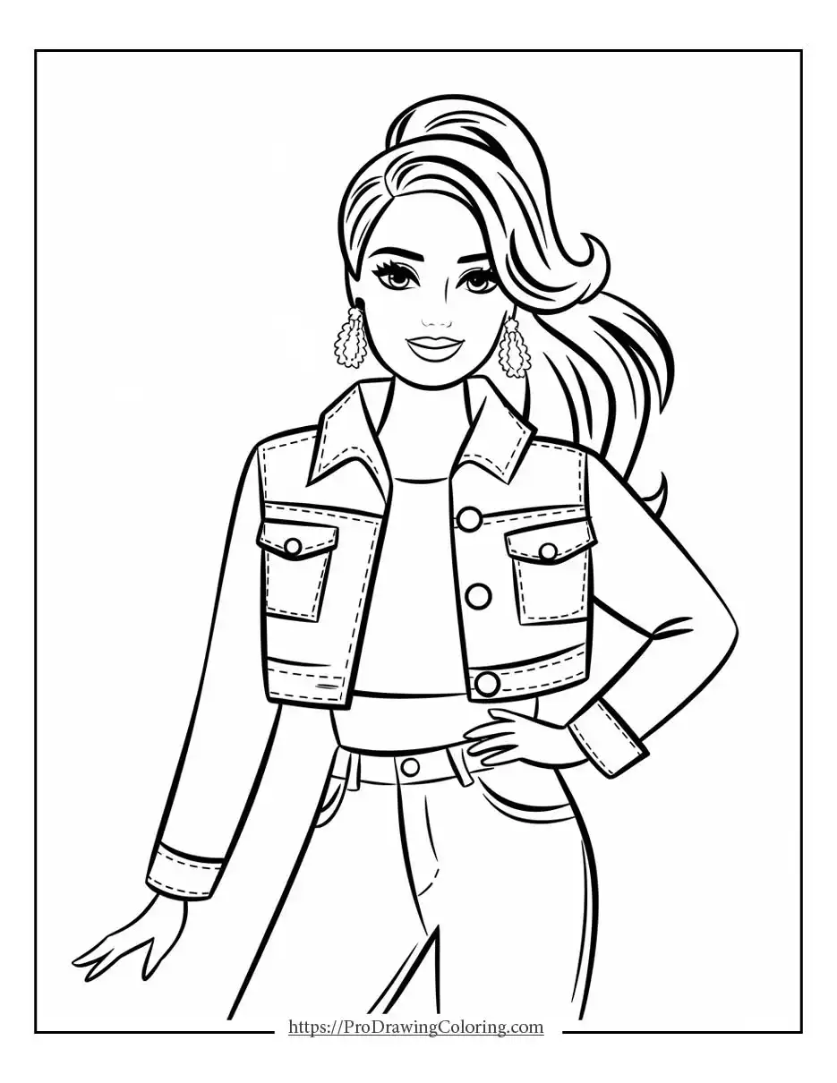 Barbie fashion coloring pages featuring a stylish Barbie wearing a jacket and jeans in a modern fashion pose