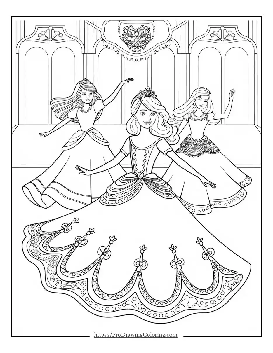 Barbie dancing gracefully in a ballroom with elegant dresses and royal decor