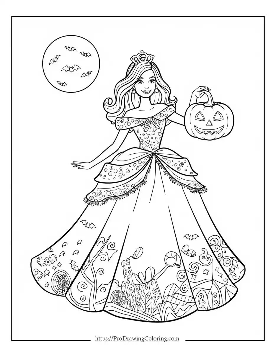 Barbie Halloween coloring pages showing a princess with pumpkins, bats, and festive decorations