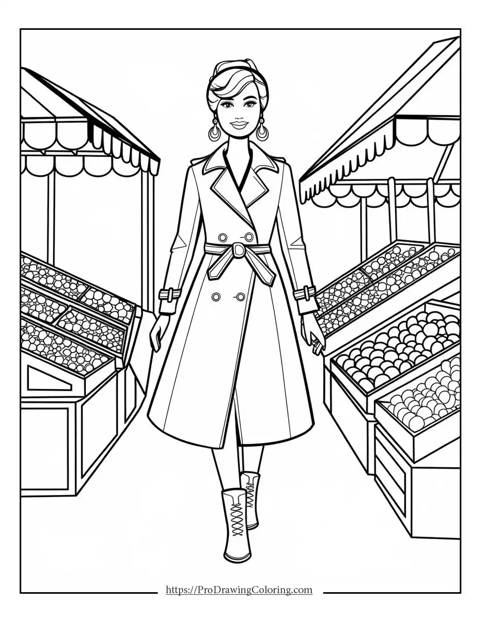 Barbie wearing a stylish coat while walking between colorful market stalls