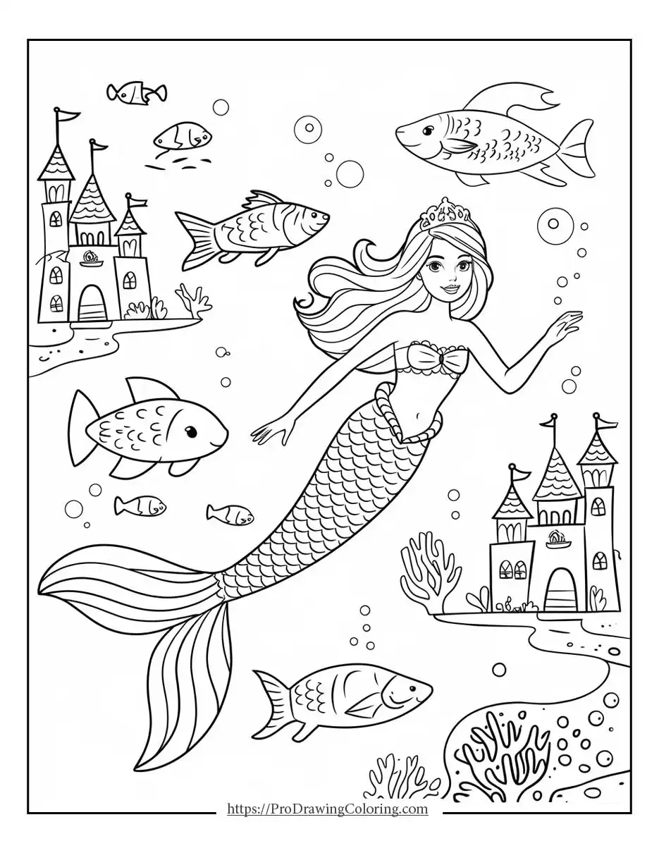 Barbie mermaid coloring pages showing an underwater scene with a graceful mermaid, swimming fish, bubbles, and a fantasy sea castle
