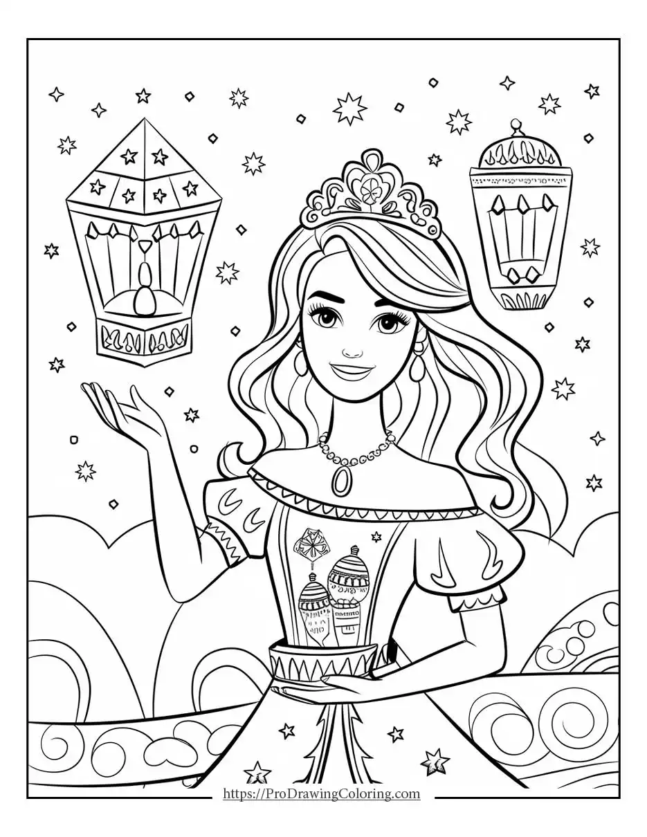 Barbie holding decorative lanterns under a starry and dreamy sky