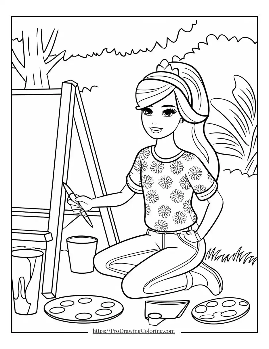 Barbie painting on an easel outdoors surrounded by trees and art supplies