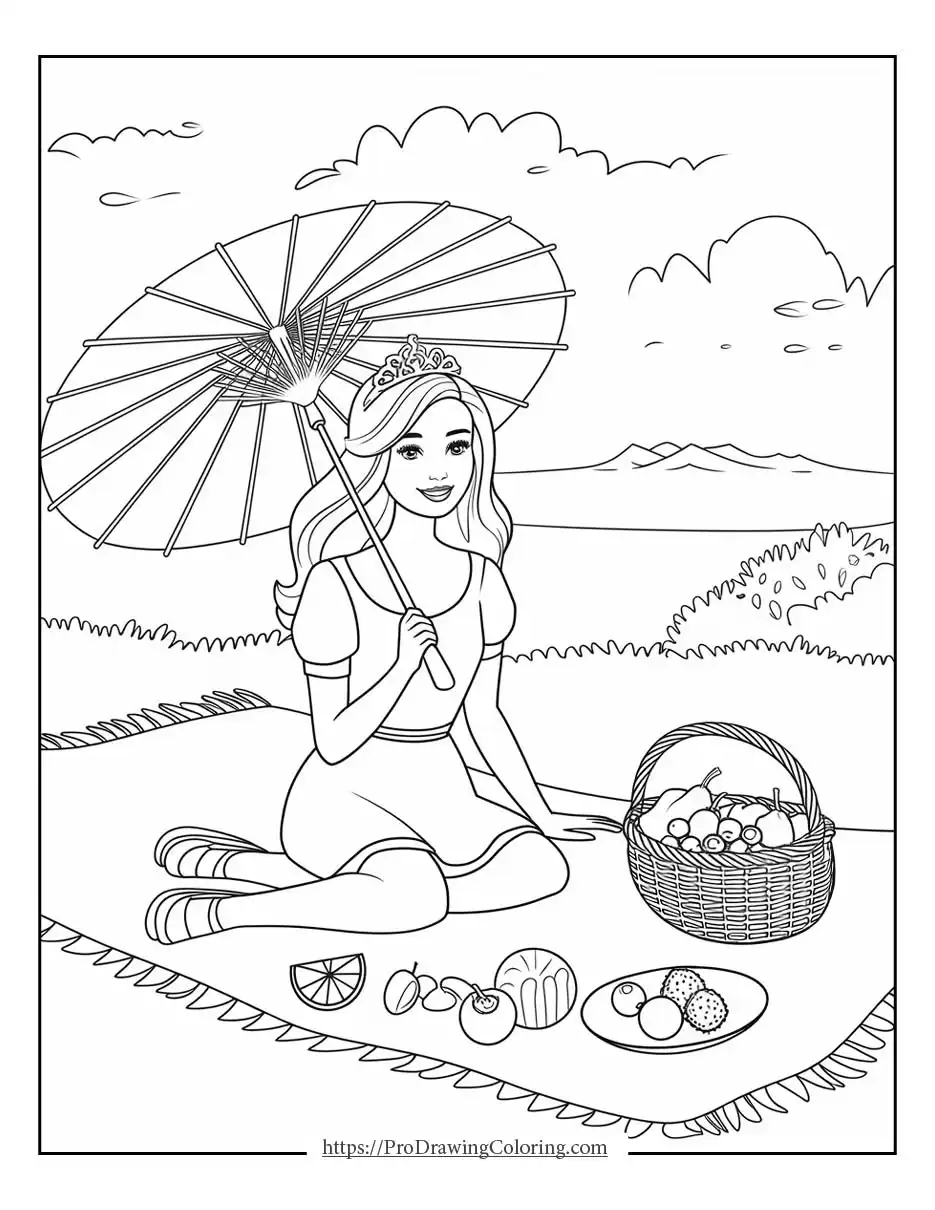 Barbie relaxing on a picnic blanket with fruits and an umbrella in a peaceful outdoor scene