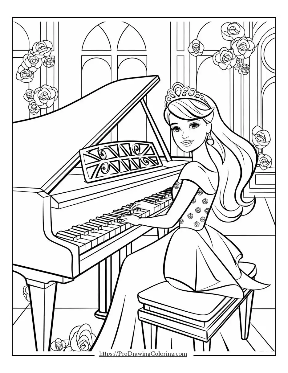 Elegant Barbie seated at a grand piano in a beautifully decorated room