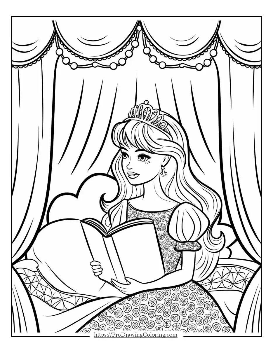 Princess-style Barbie sitting comfortably while reading a book indoors