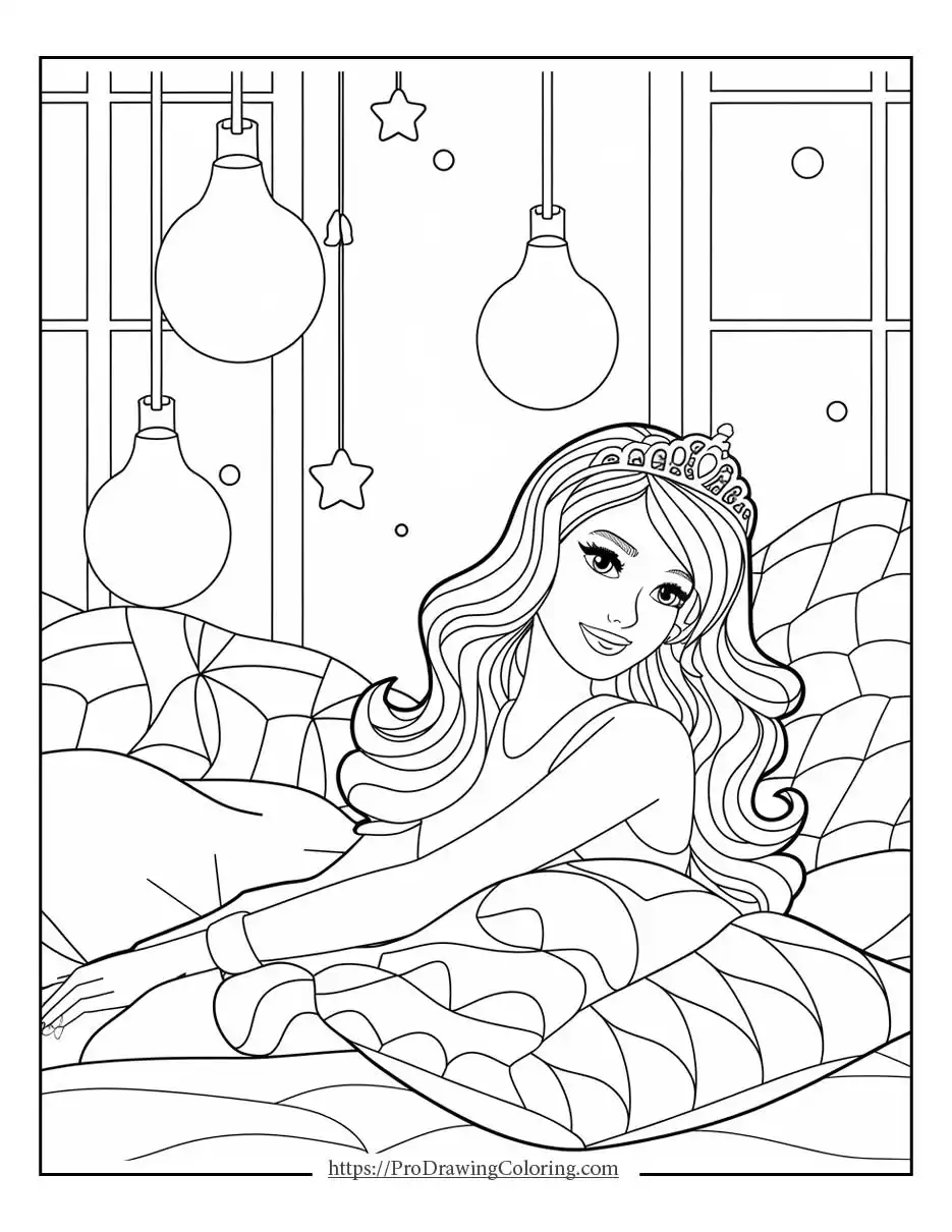 Barbie lying comfortably on soft cushions in a calm indoor atmosphere