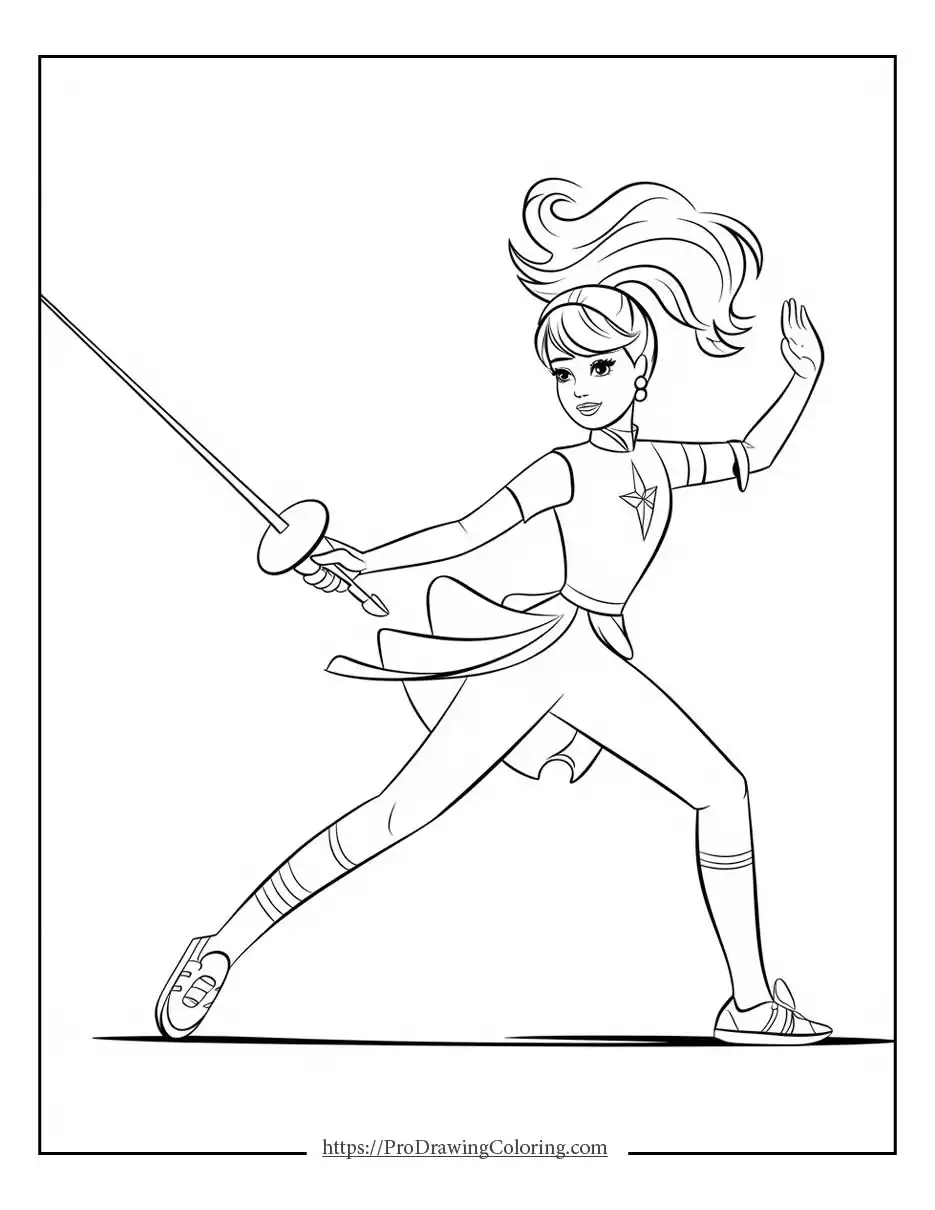 Athletic Barbie performing a dynamic fencing move with focus and energy