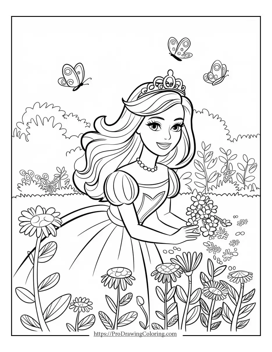 Barbie walking through blooming flowers with butterflies and a cheerful spring atmosphere