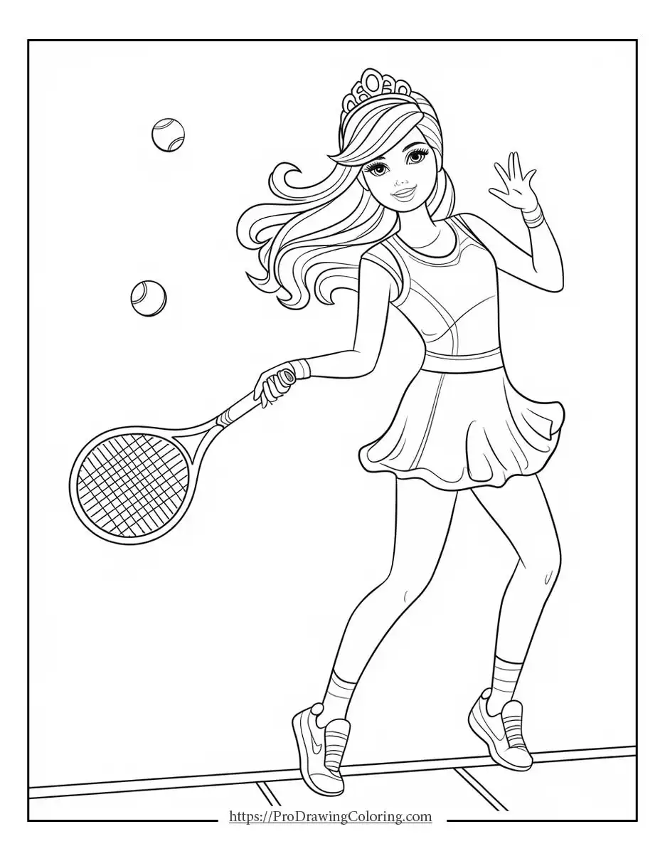 Barbie holding a tennis racket during a sporty moment on an outdoor court
