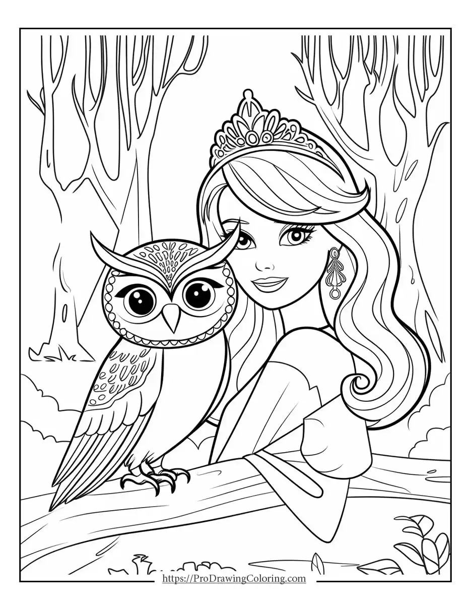 Barbie standing beside a detailed owl in a calm enchanted forest setting