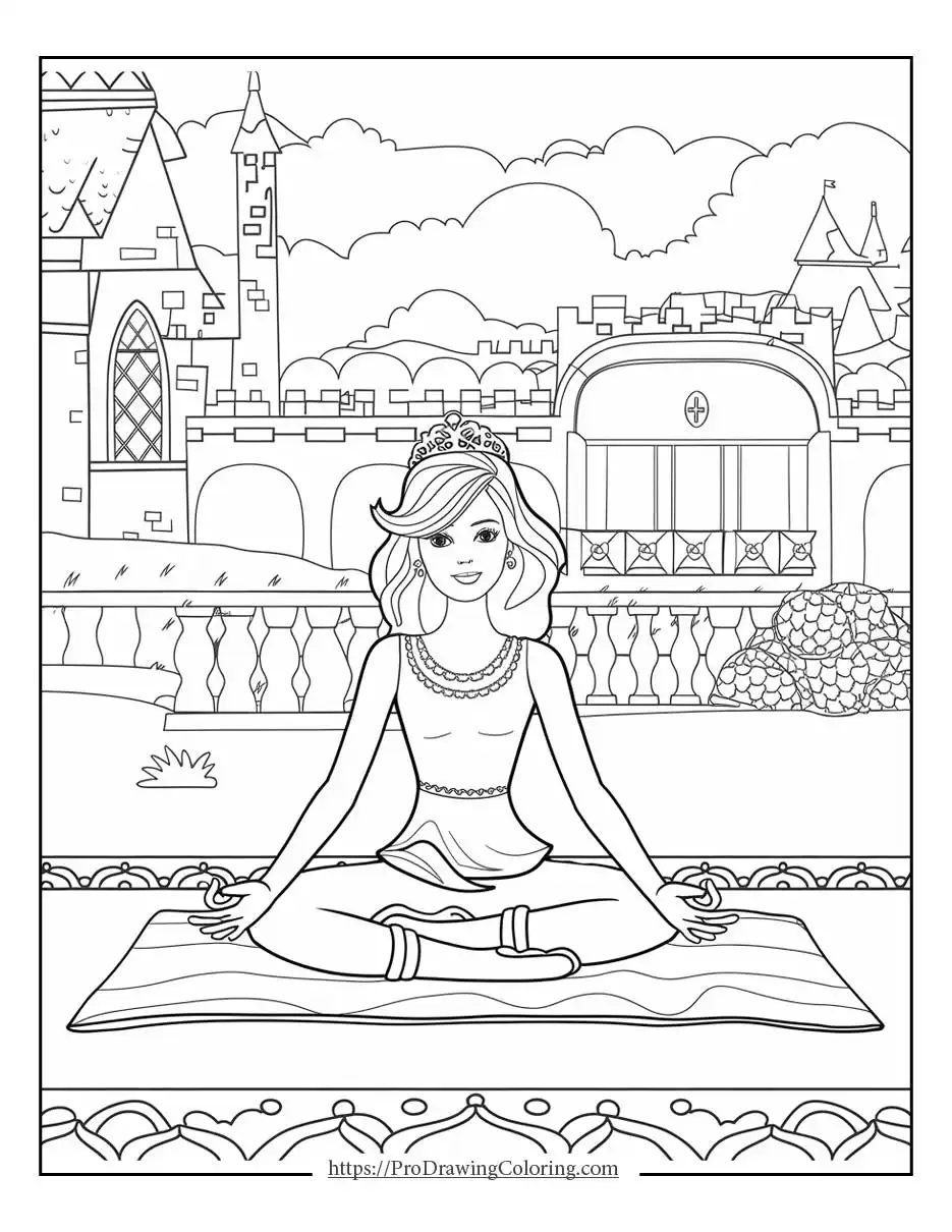 Barbie sitting calmly in a palace garden, practicing yoga with a serene royal background