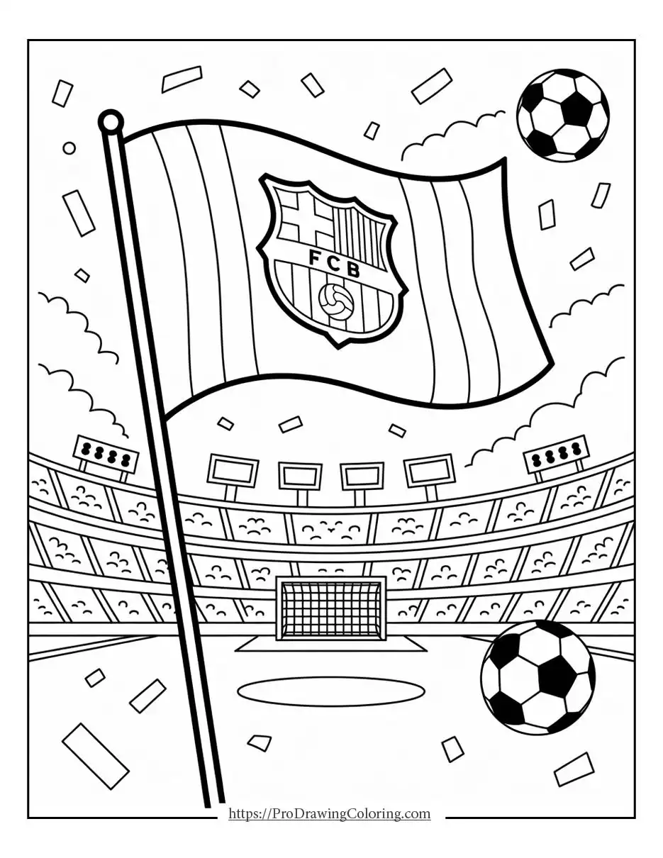 Large stadium scene featuring a waving Barcelona flag, goal posts, and soccer balls