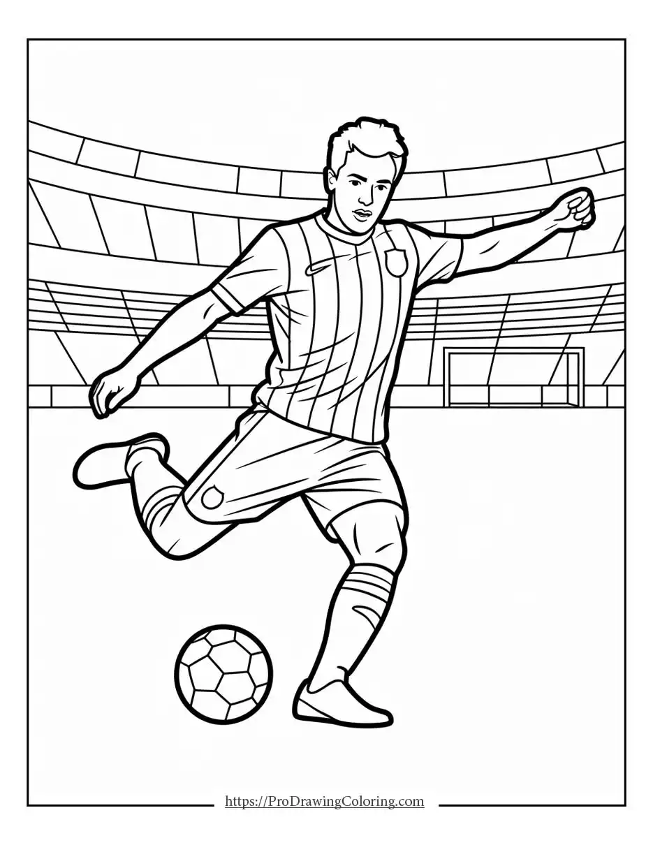Barcelona soccer coloring pages showing a professional player kicking a ball in a stadium