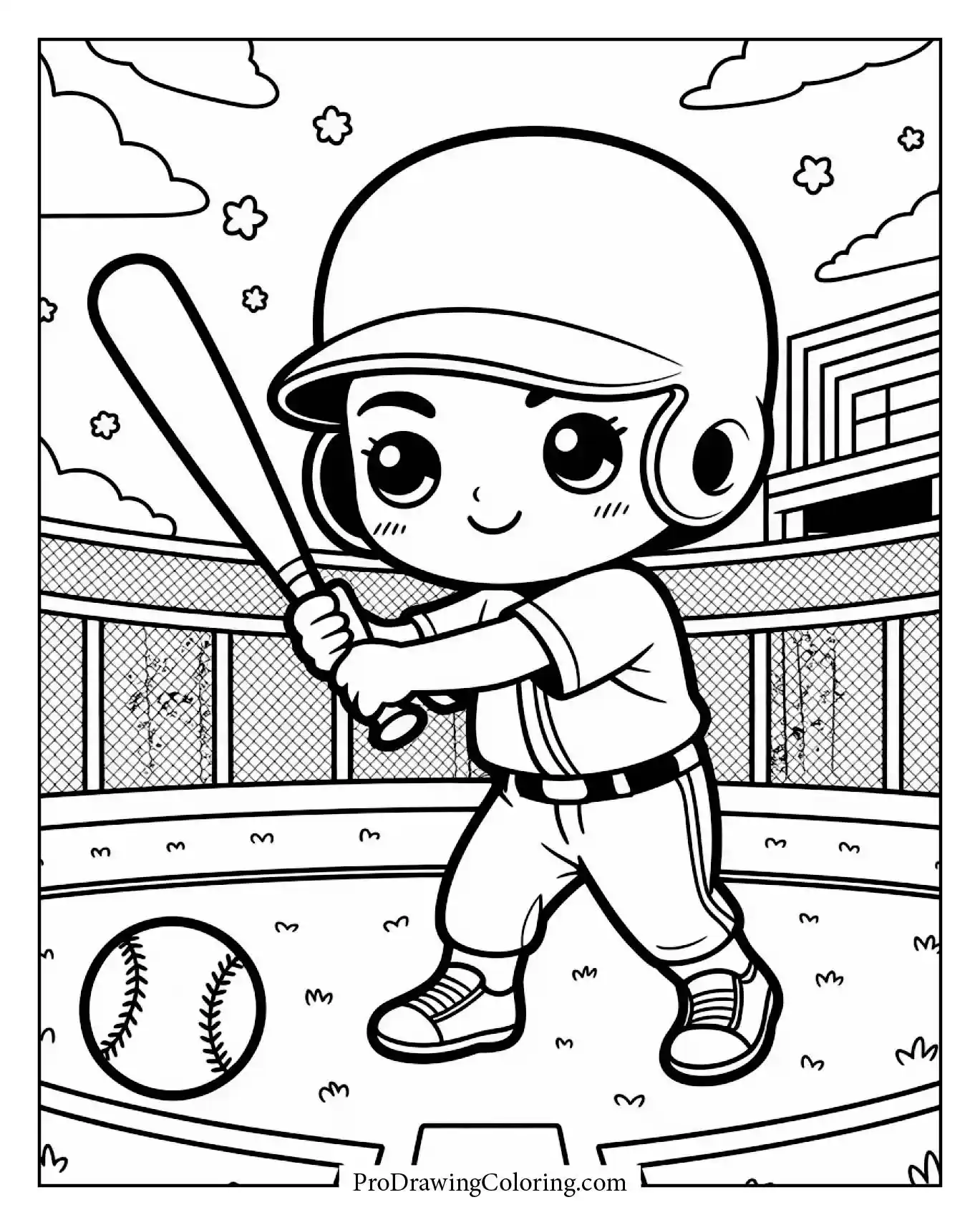A detailed baseball bat and ball baseball drawing, clean and dynamic line art.
