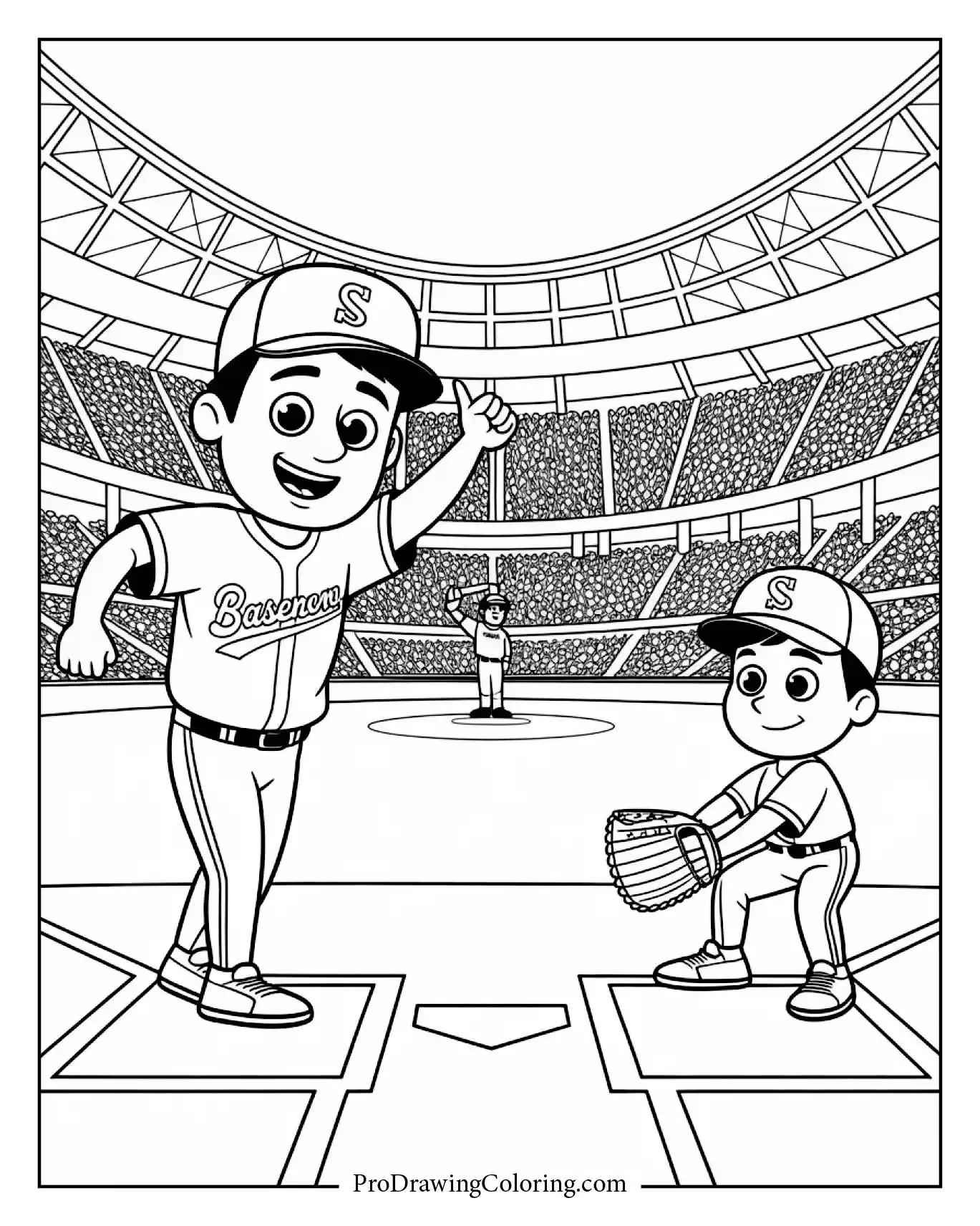 A detailed baseball game start ceremony baseball drawing, clean and dynamic line art.