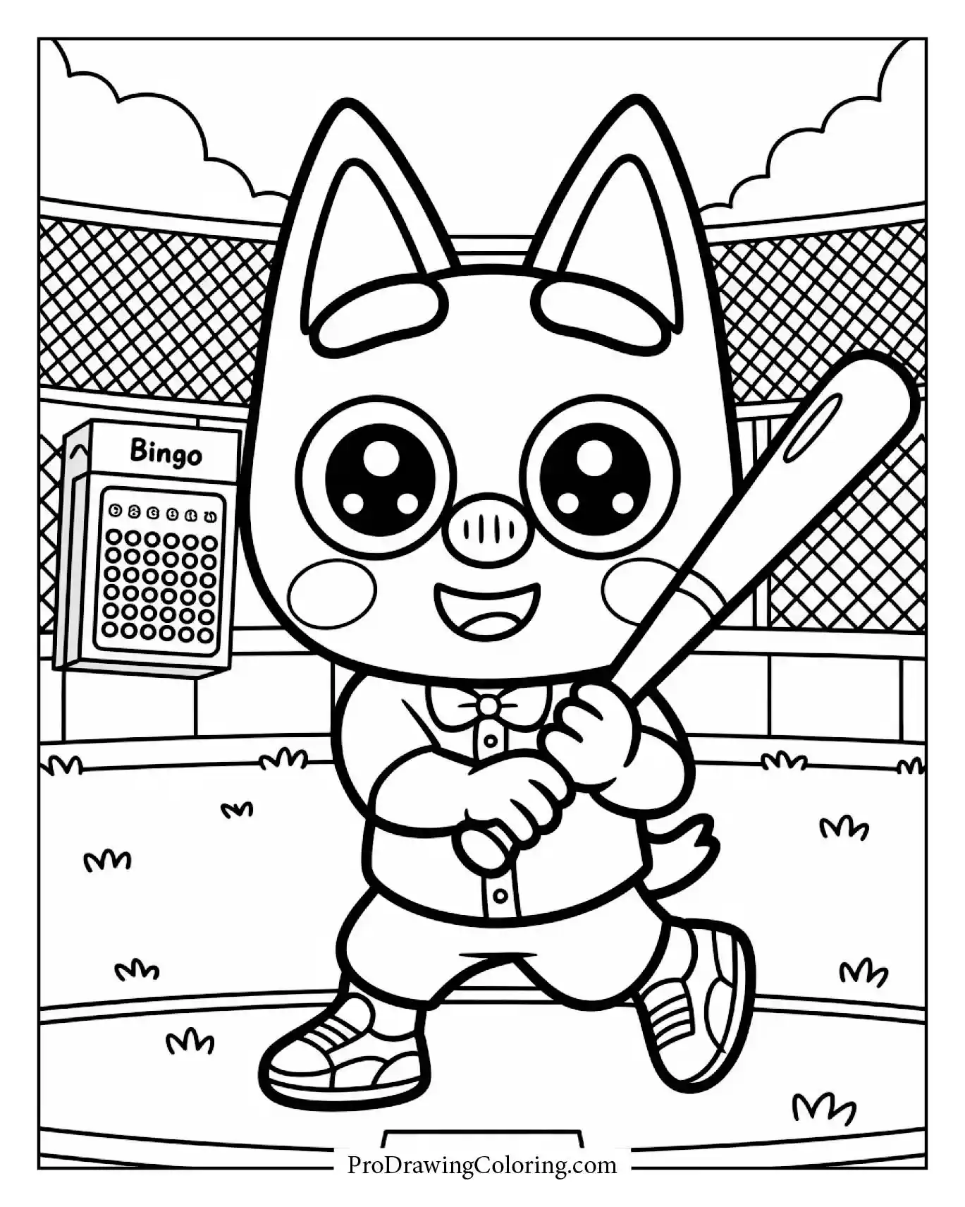 A detailed and fun bluey playing baseball with bingo scene, perfect for coloring fun.