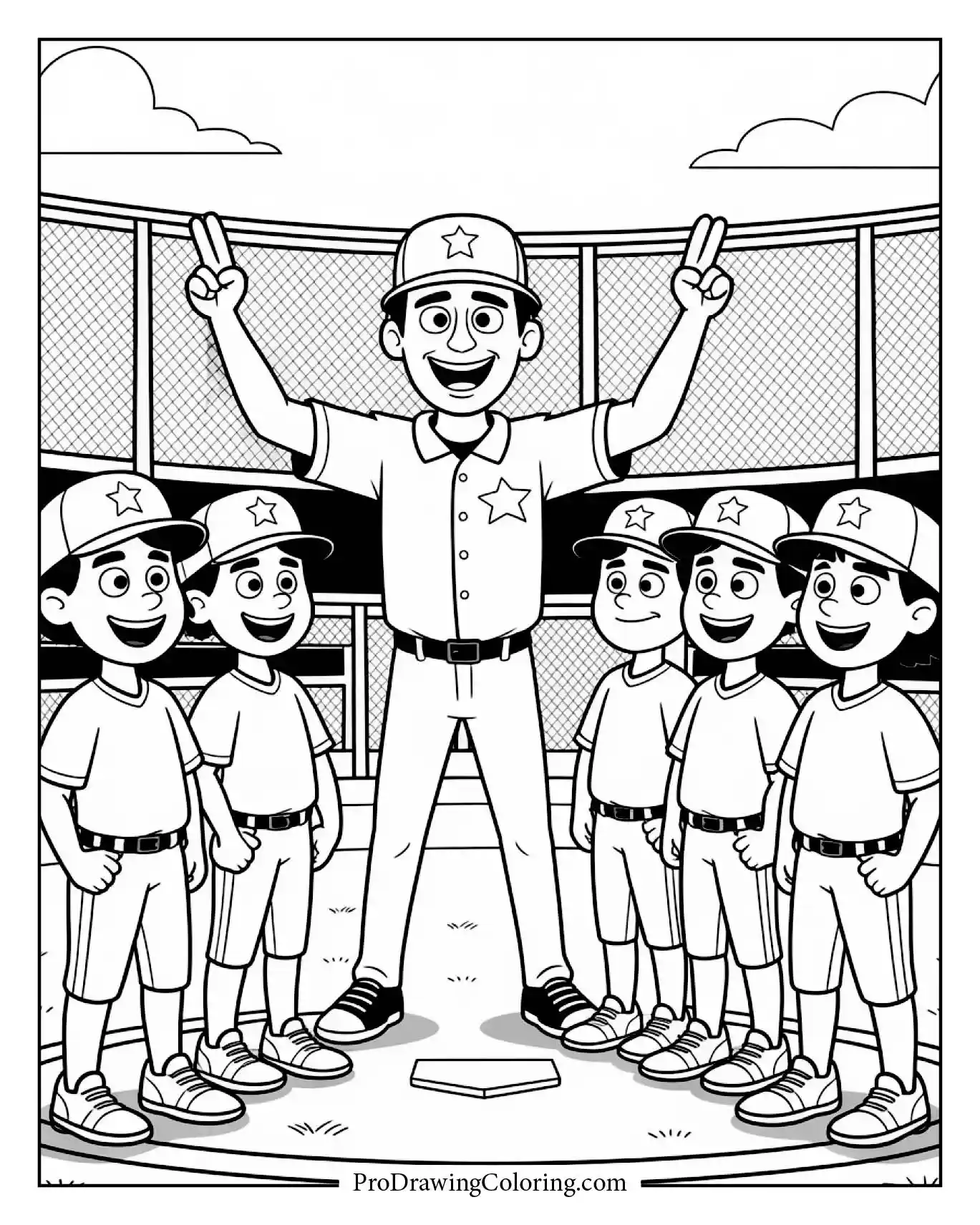 A detailed coach motivating team baseball drawing, clean and dynamic line art.
