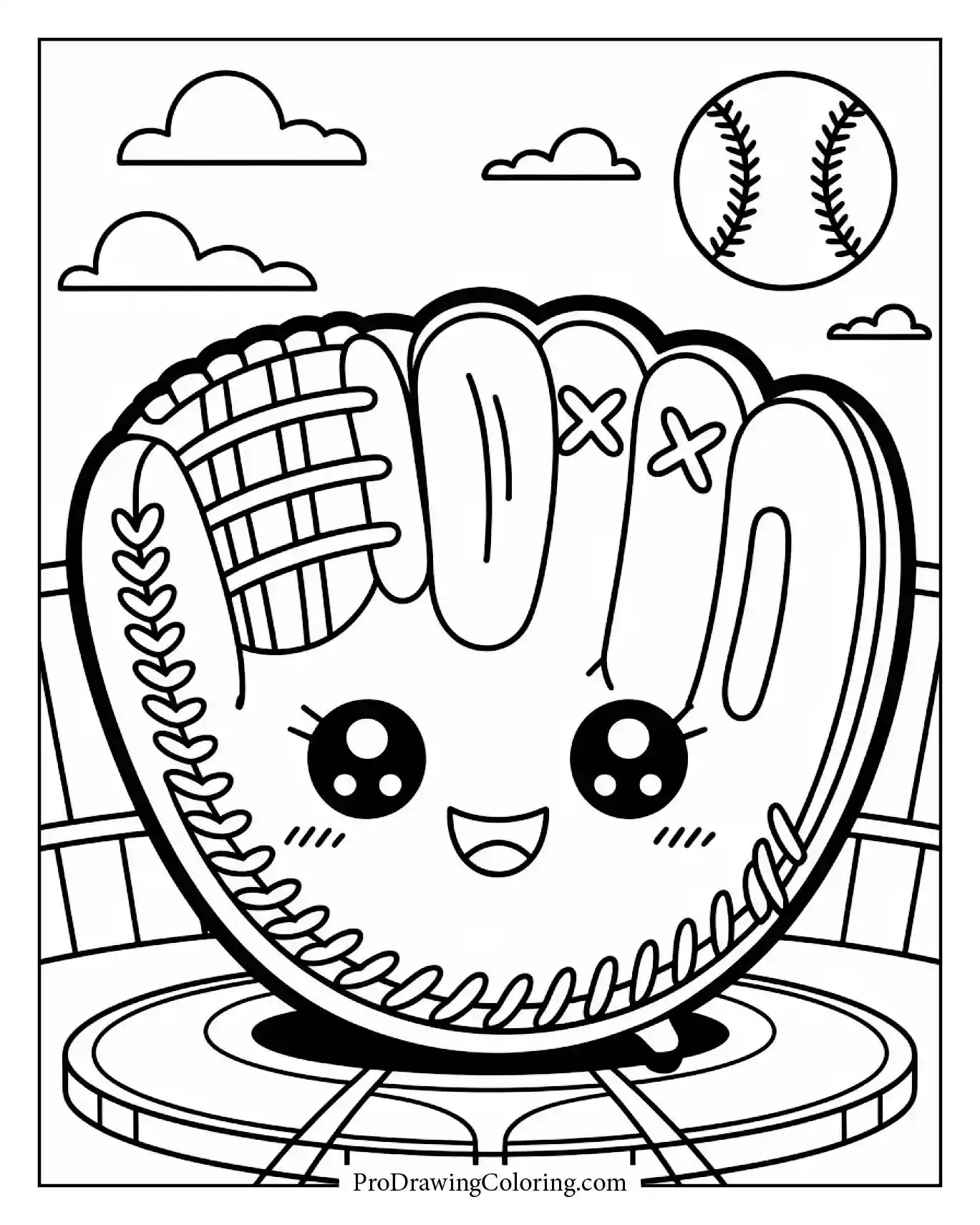 A detailed cute baseball glove baseball drawing, clean and dynamic line art.
