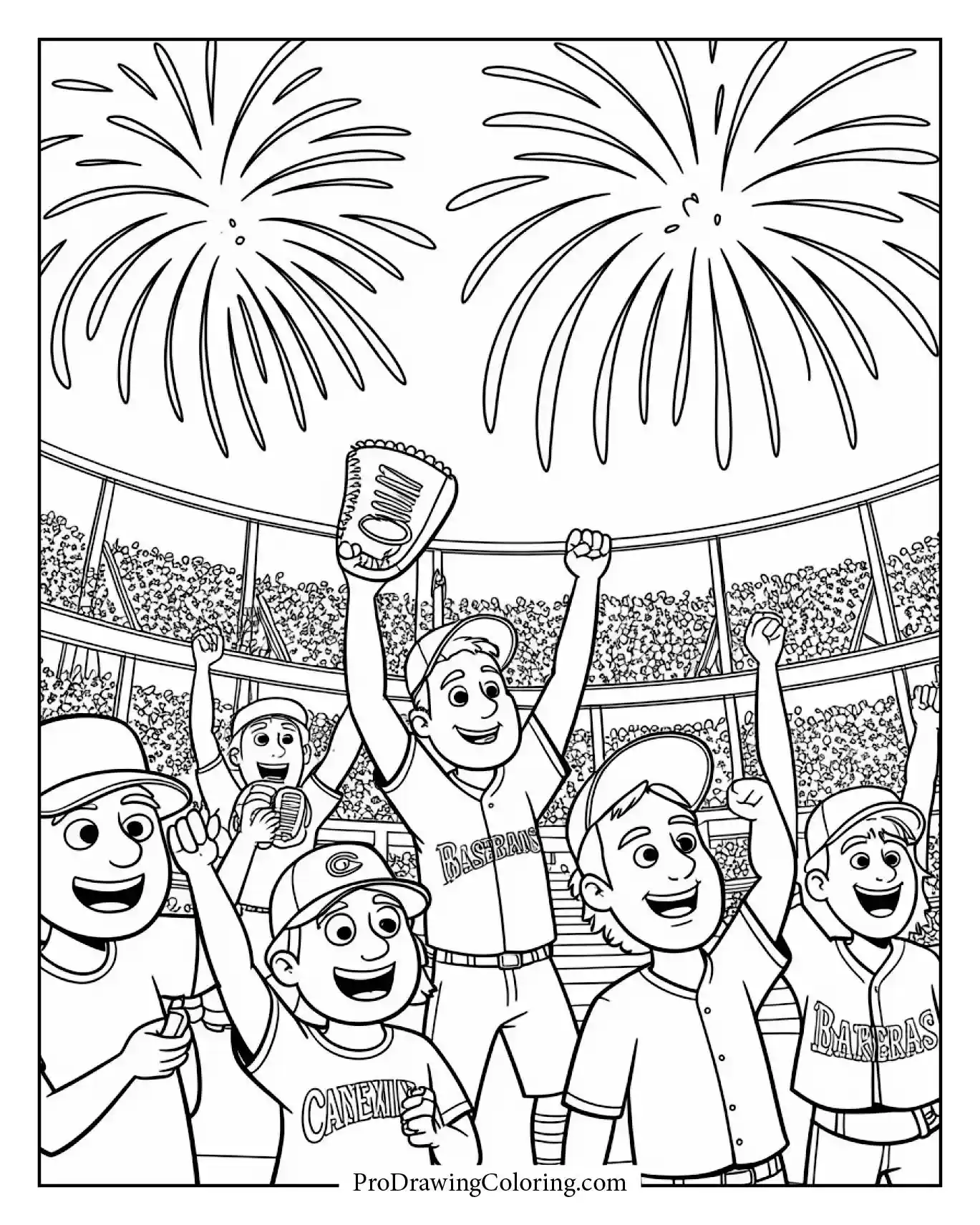 A detailed fans cheering fireworks baseball drawing, clean and dynamic line art.