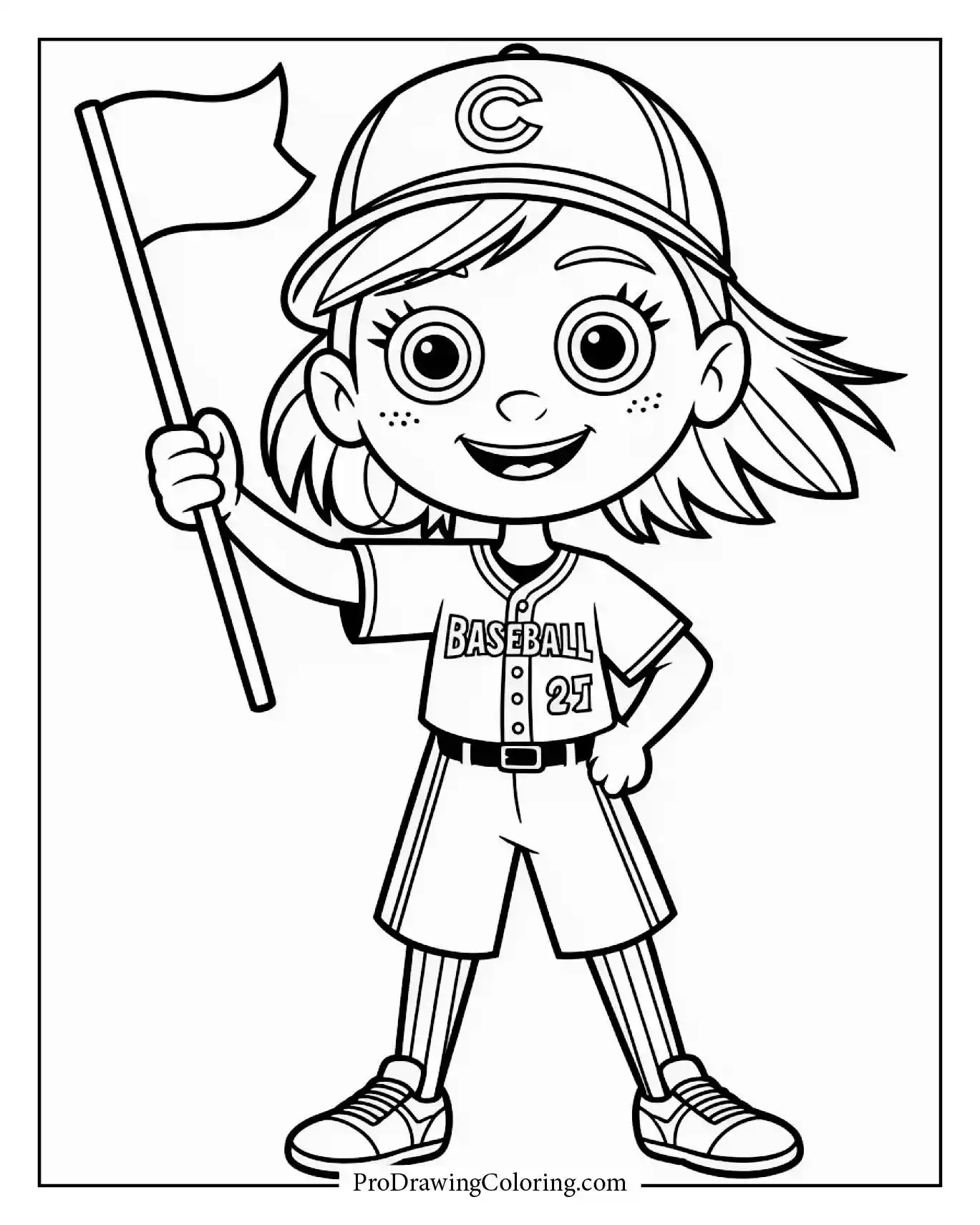 A detailed and fun girl baseball fan with flag scene, perfect for coloring fun.