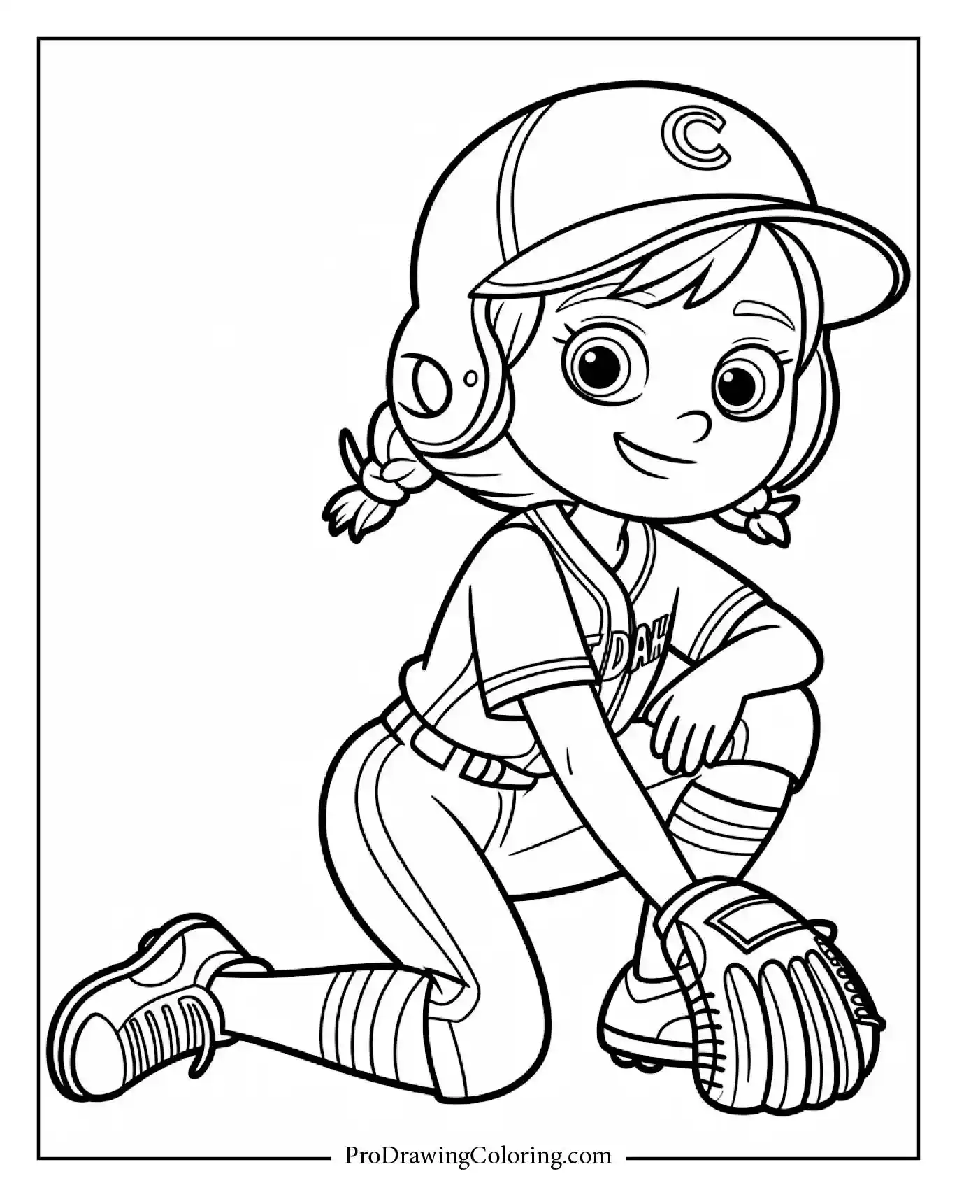 A detailed and fun girl baseball player resting scene, perfect for coloring fun.
