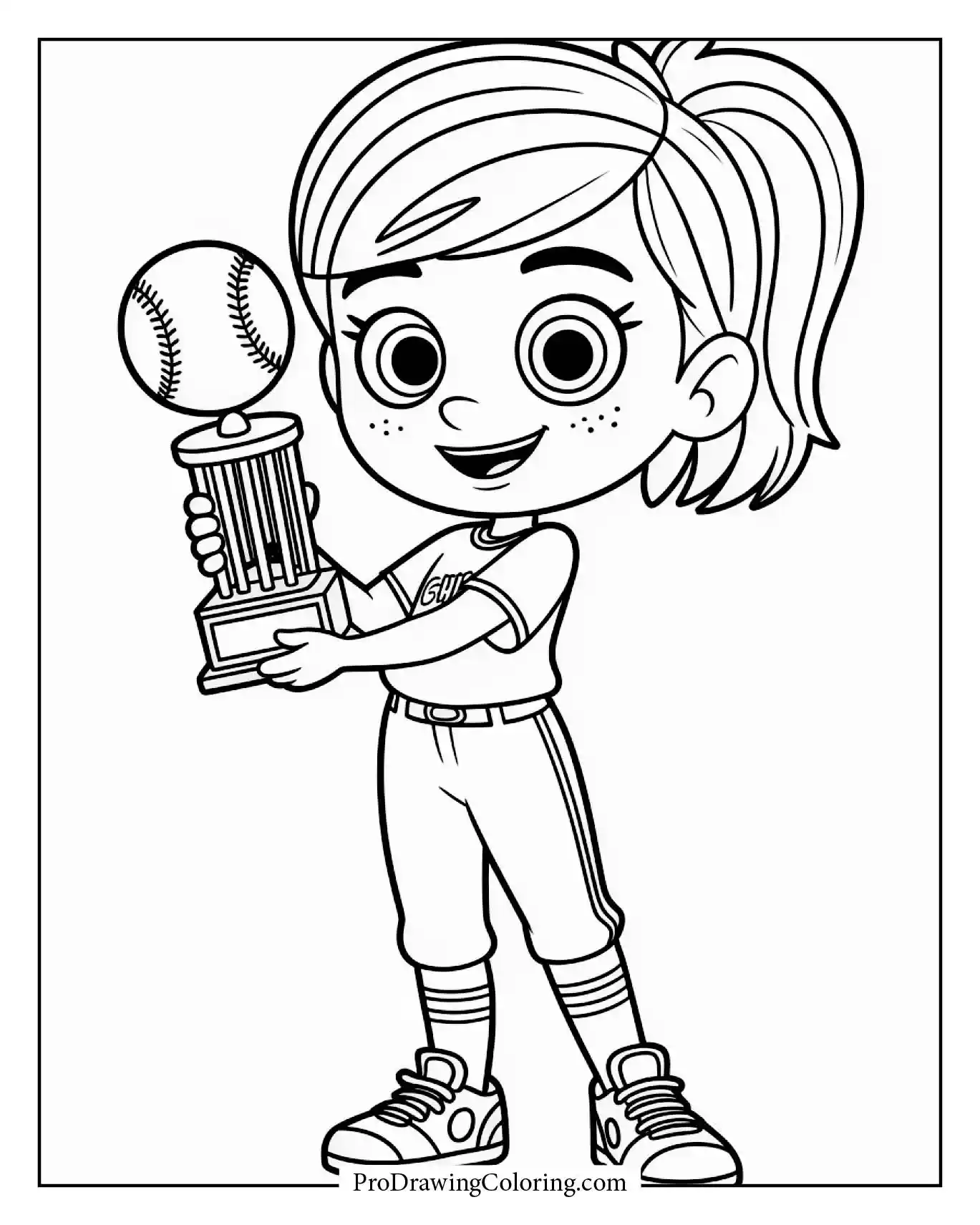 A detailed and fun girl holding baseball trophy scene, perfect for coloring fun.