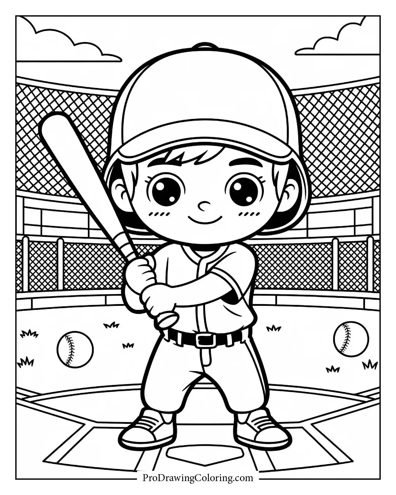 A detailed kid holding baseball bat baseball drawing, clean and dynamic line art.