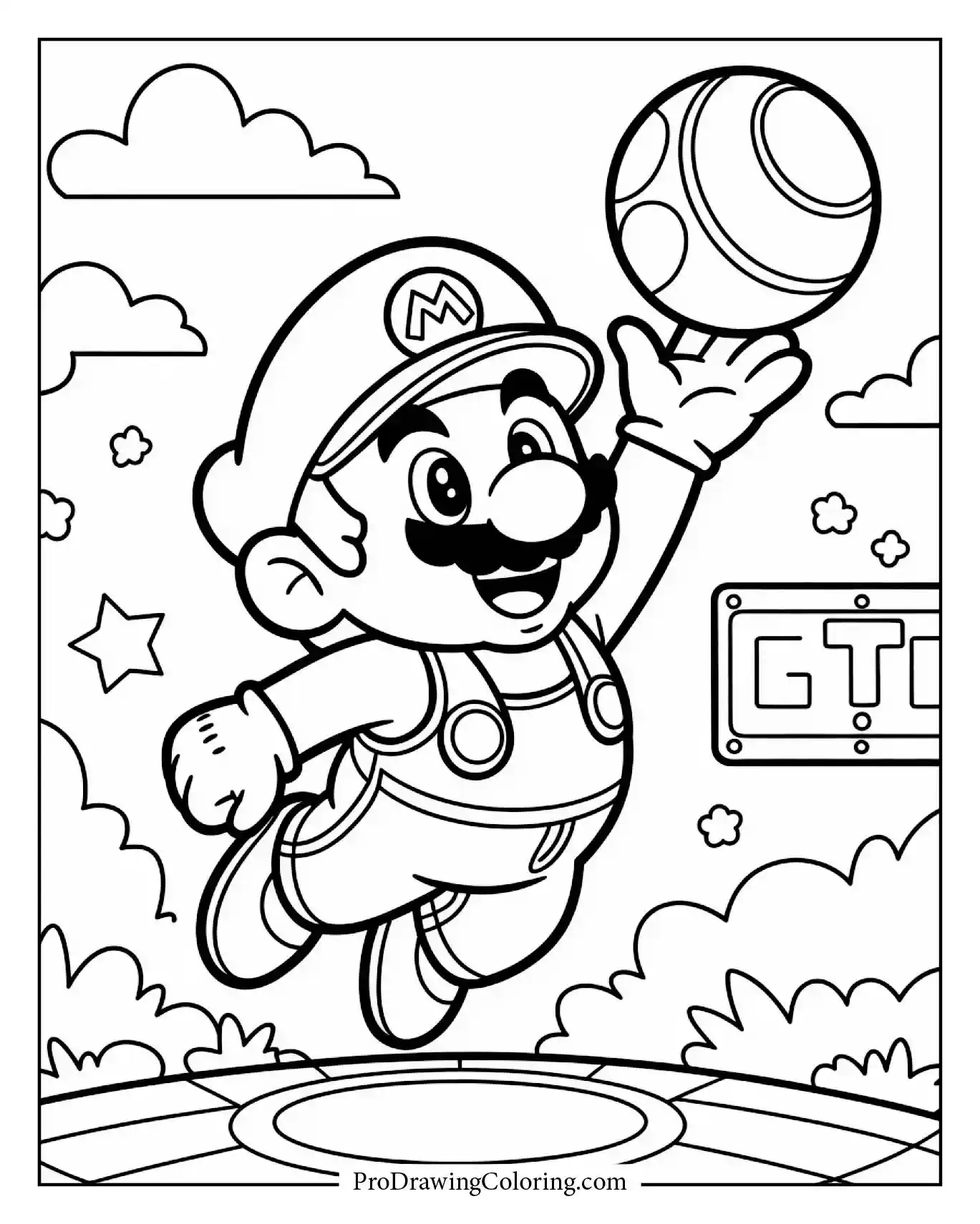 A detailed and fun mario jumping to catch ball scene, perfect for coloring fun.