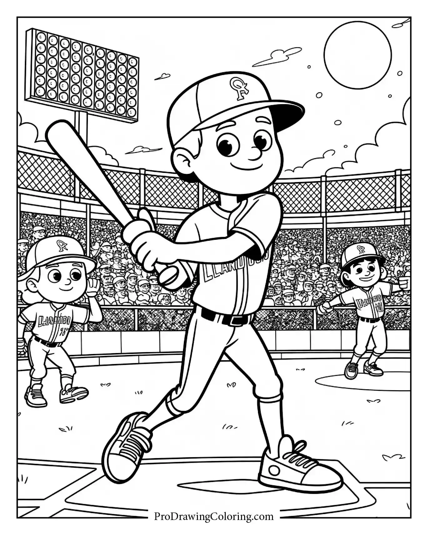 A detailed night baseball game baseball drawing, clean and dynamic line art.