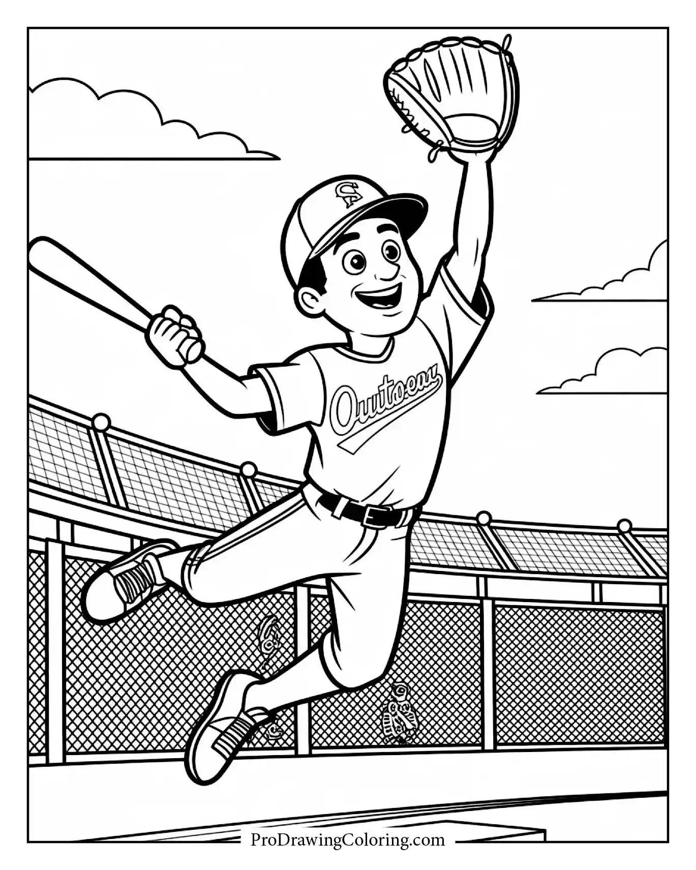 A detailed outfielder jumping wall catch baseball drawing, clean and dynamic line art.