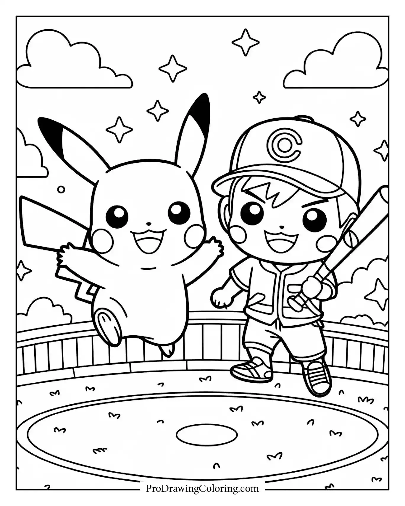 A detailed and fun pikachu and ash celebrating home run scene, perfect for coloring fun.