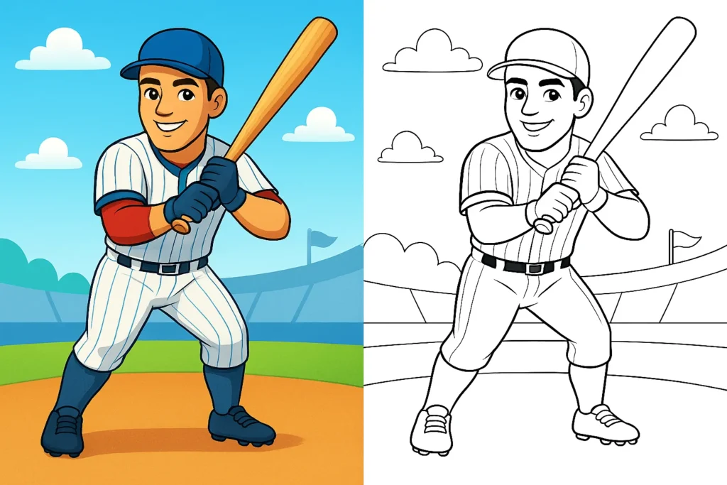 Cute cartoon baseball player at bat – kids baseball coloring pages to print