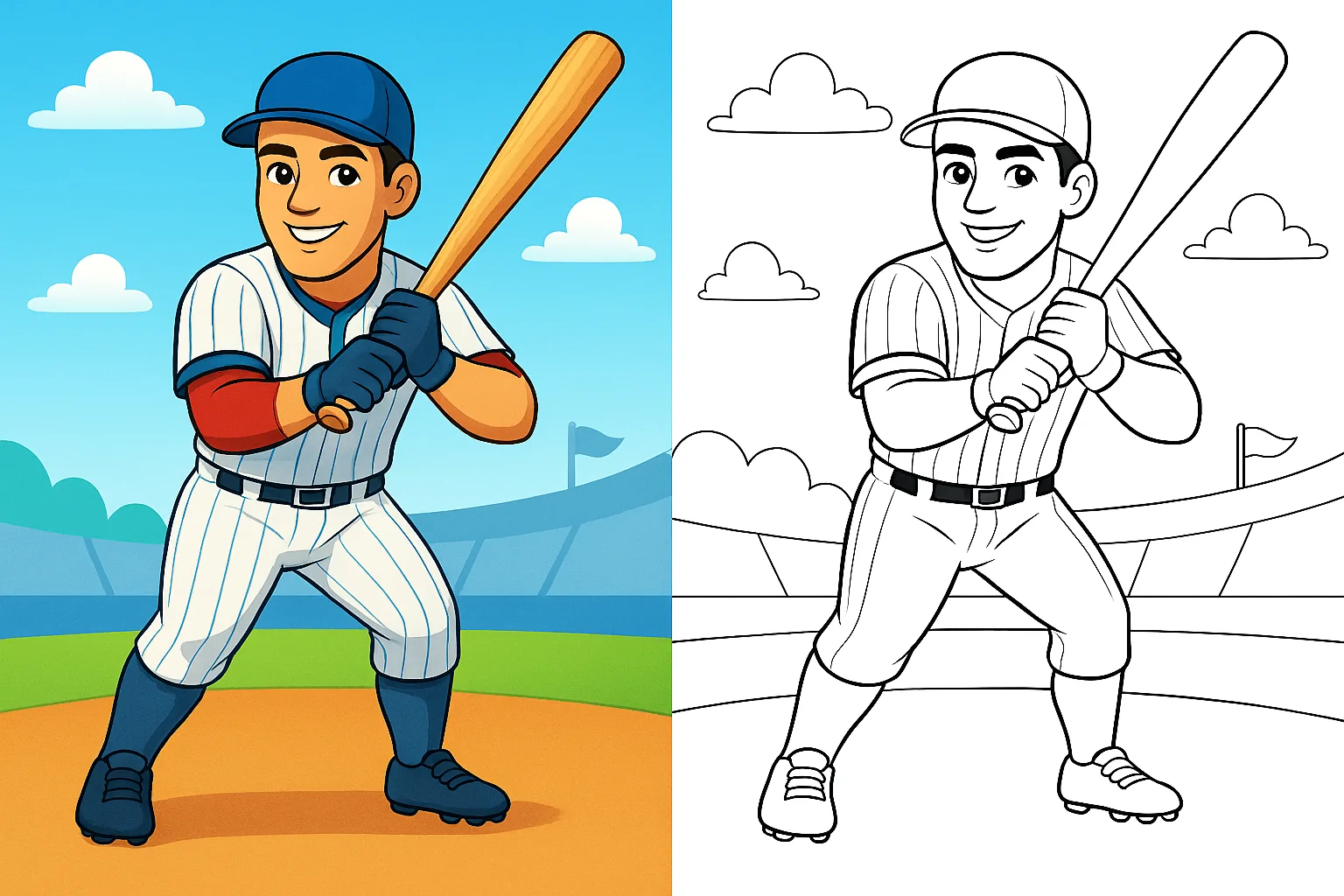 Cute cartoon baseball player at bat – kids baseball coloring pages to print