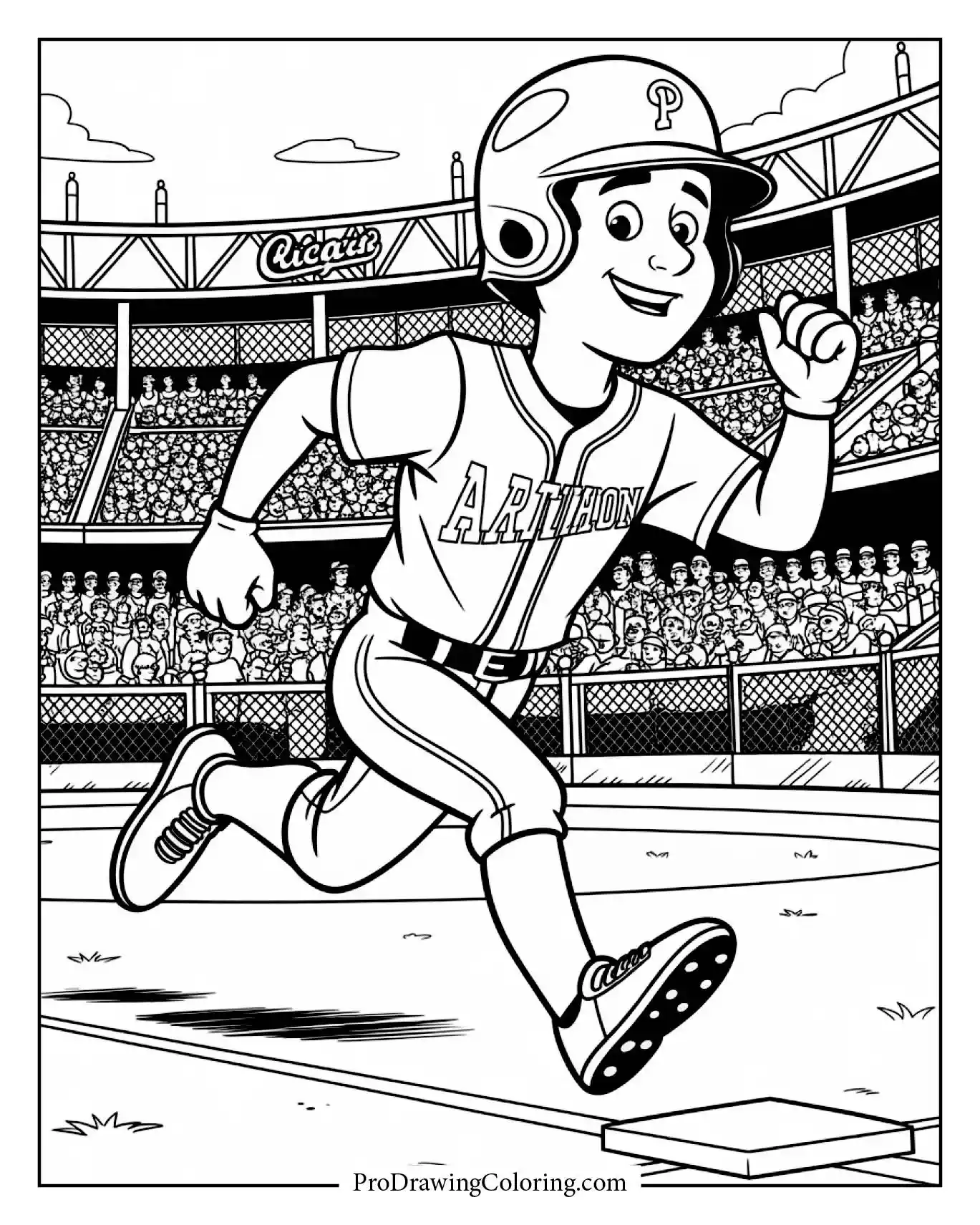 A detailed player running to first base baseball drawing, clean and dynamic line art.