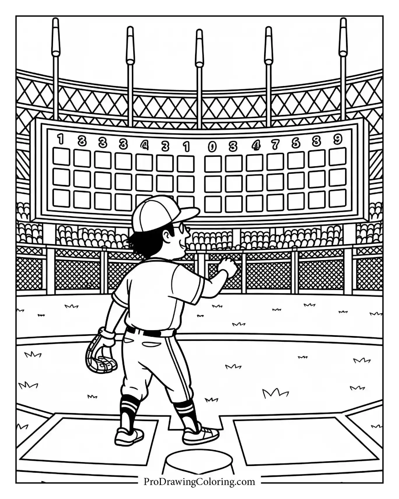 A detailed scoreboard view baseball drawing, clean and dynamic line art.