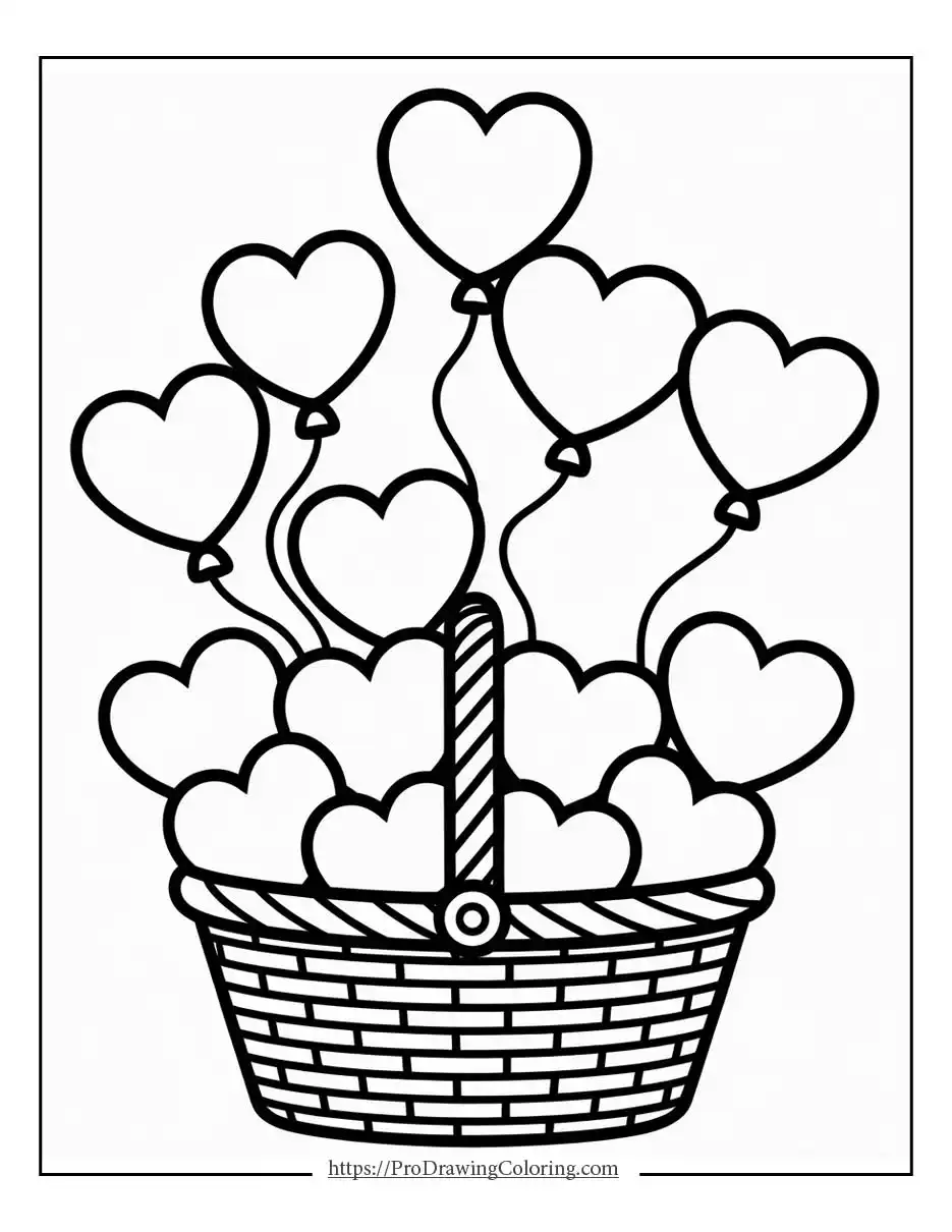 Wicker basket filled with heart shapes and floating heart balloons above