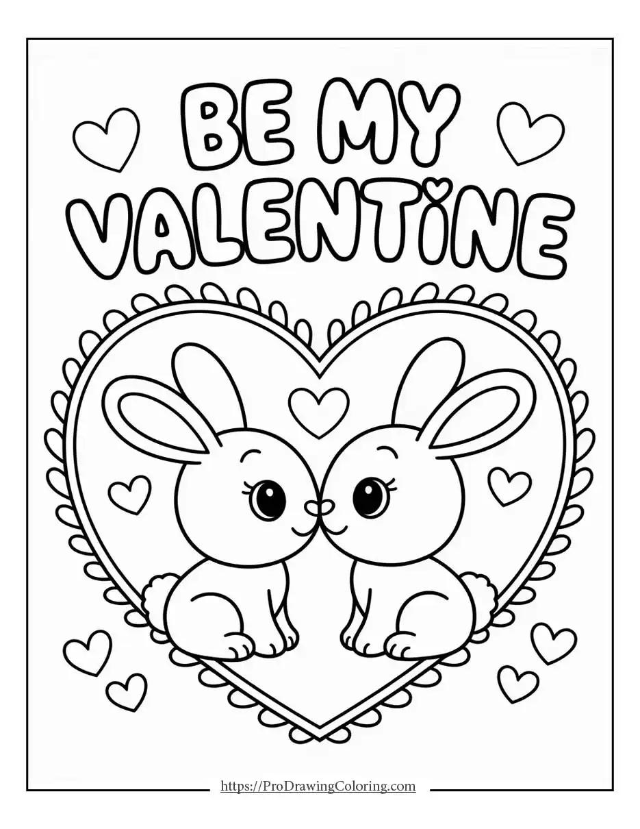 Be my valentine coloring pages with cute bunny couple inside a heart, printable valentine coloring page