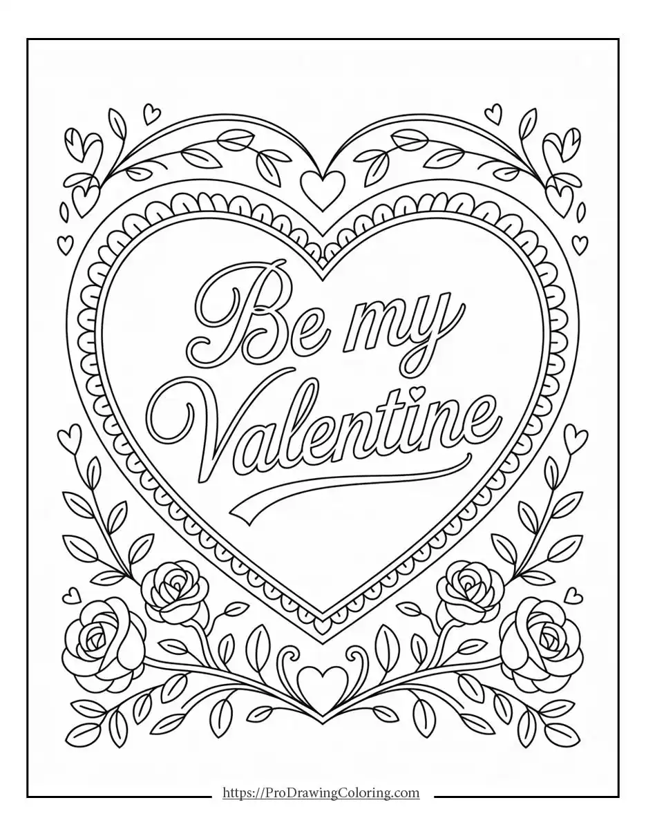 Valentine’s Day heart frame with floral decorations and romantic lettering