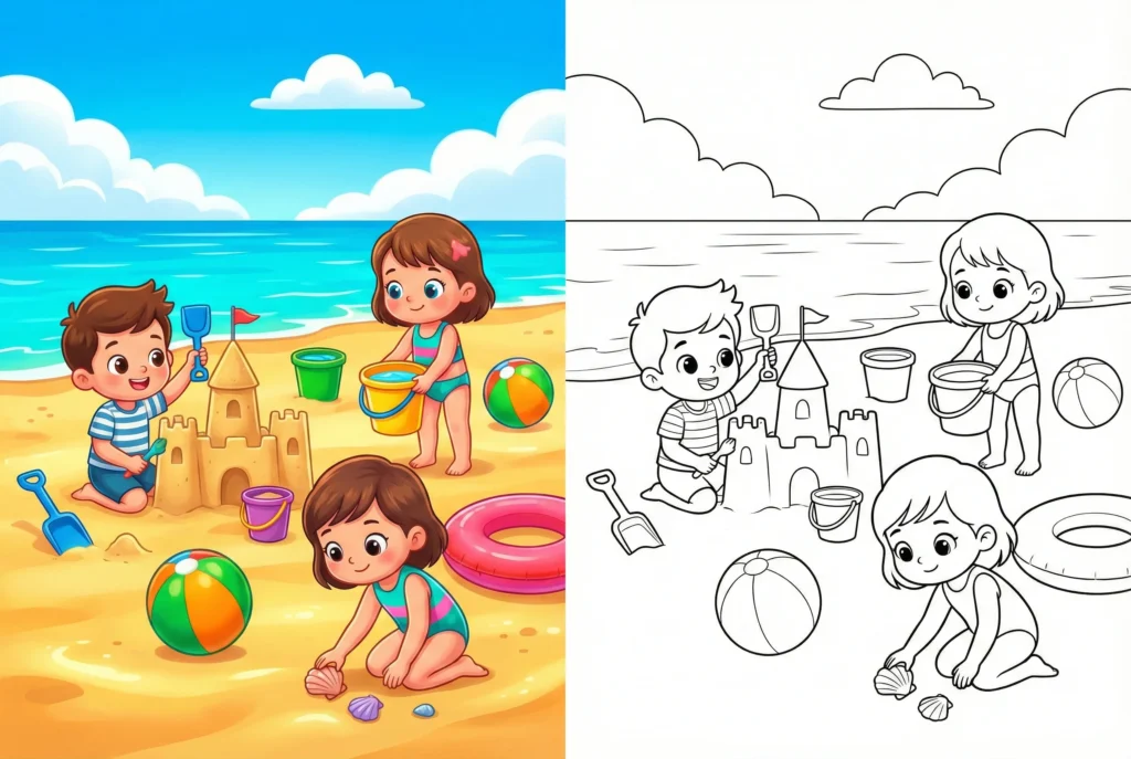 Beach coloring pages with cute kids building a sandcastle, collecting seashells, beach toys, buckets, waves and a side-by-side black and white printable version for coloring.