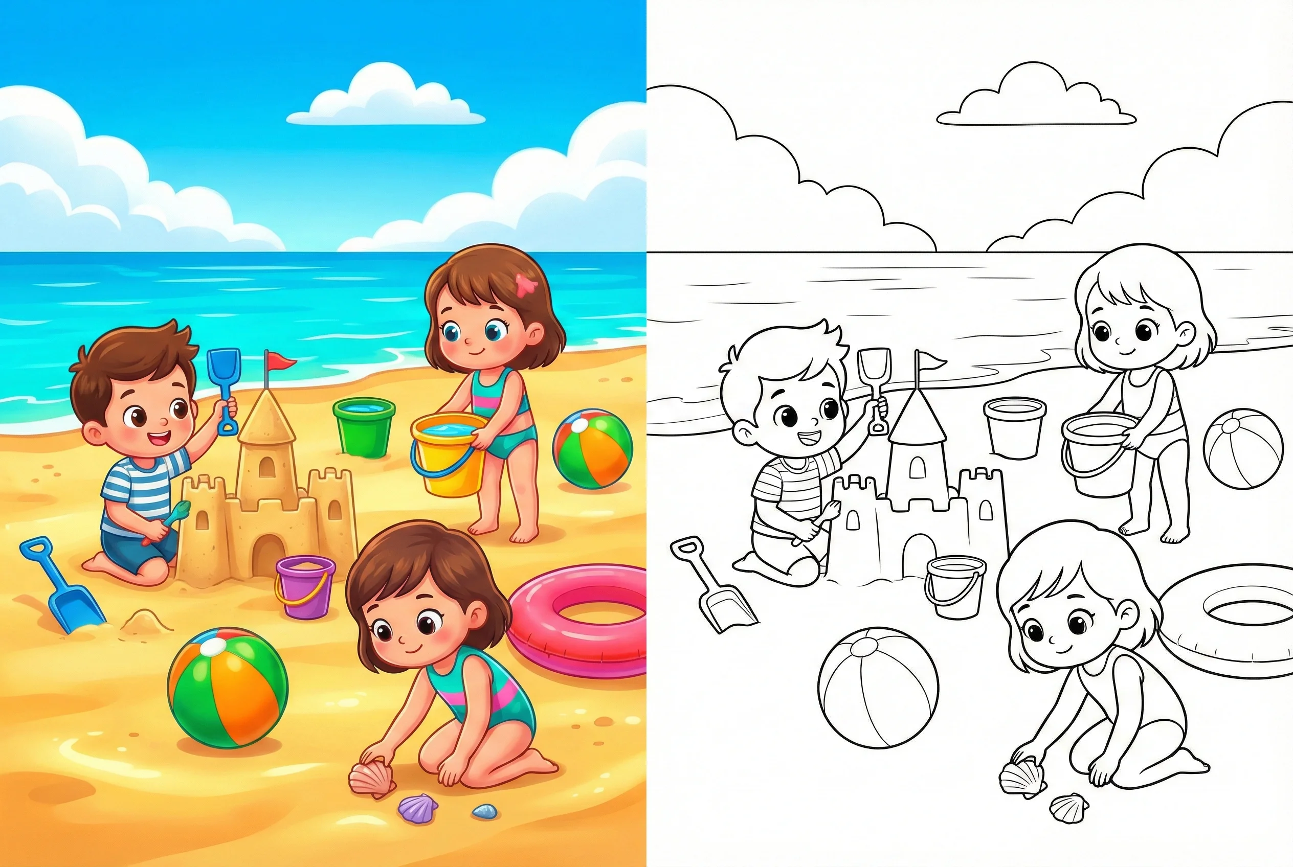 Beach coloring pages with cute kids building a sandcastle, collecting seashells, beach toys, buckets, waves and a side-by-side black and white printable version for coloring.