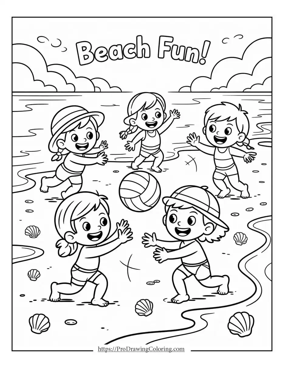 Happy kids playing with a ball on the beach in a summer coloring sheet scene